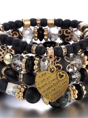 4pcs  Beaded Heart Charm Bracelet Stack -black